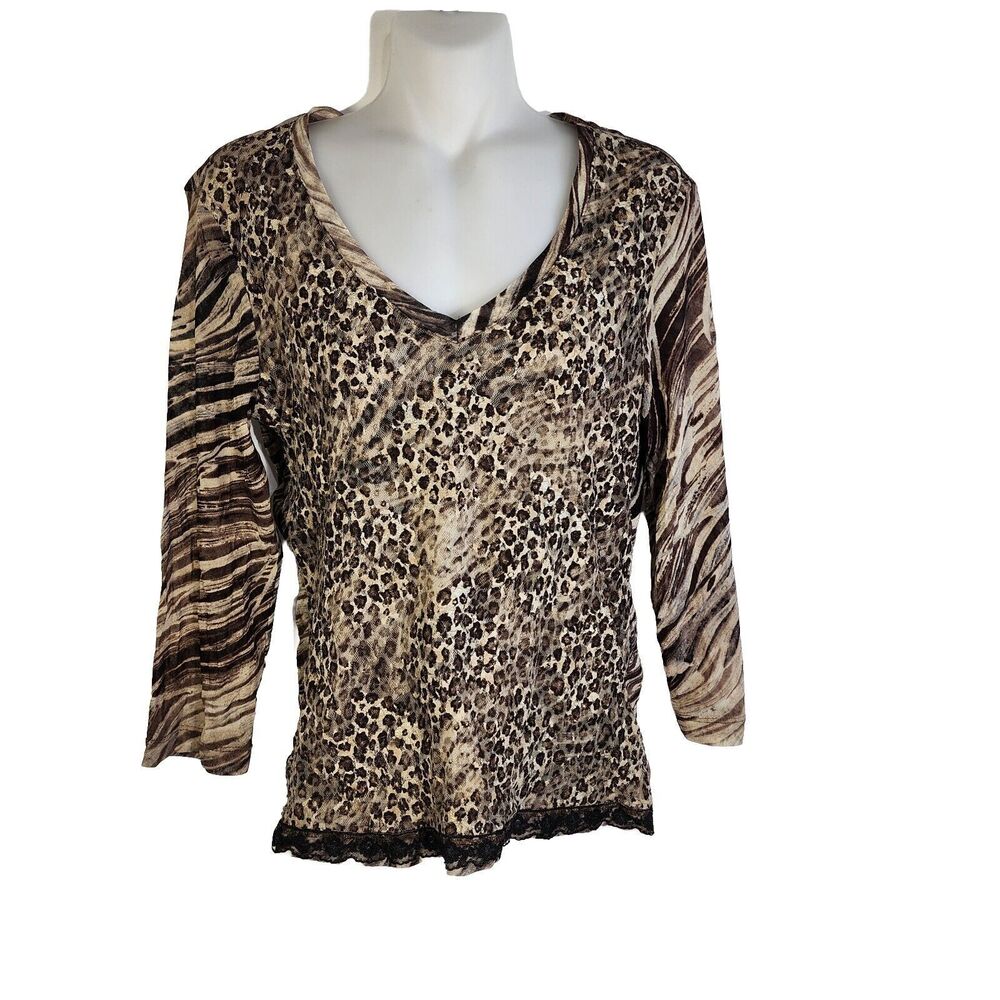 Chicos Womens Top Size 0 Small Brown Black Animal Print Landria 3/4 Sleeve Tee